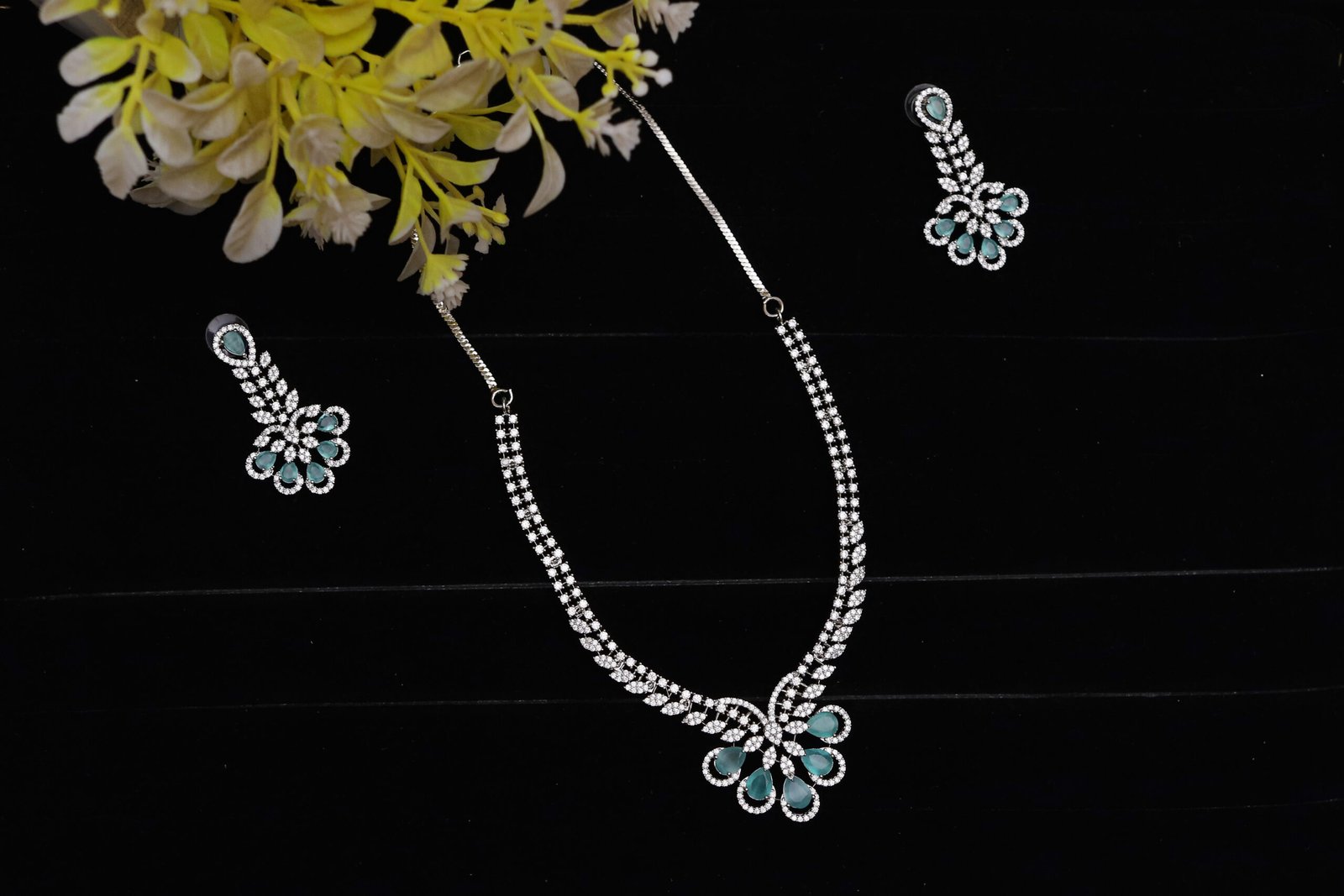 Teal Crystal Floral Necklace Set - Image 2