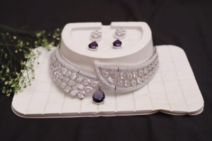 Silver Choker Necklace Set with Purple Crystal Drops