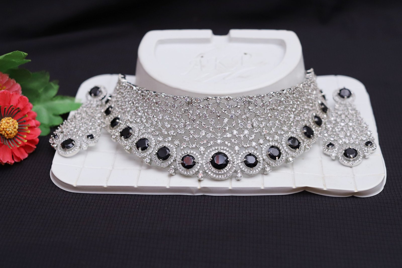 Silver Choker Necklace with Black Stone Accents - Image 2